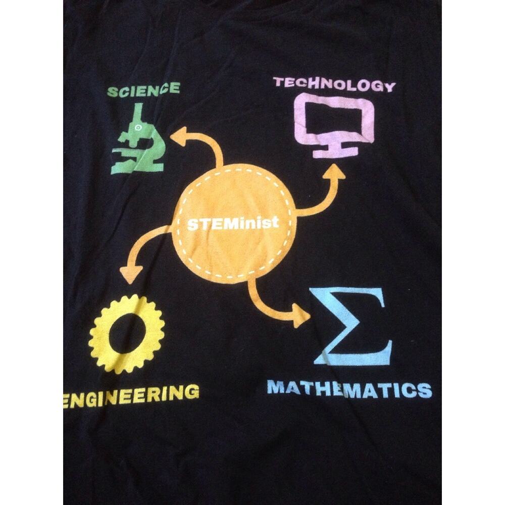 STEMinist Feminist Nerd Science Technology Math Black 100% Cotton T-Shirt XL 44"